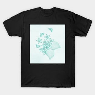 teal flowers and butterflies on subtle textured background T-Shirt